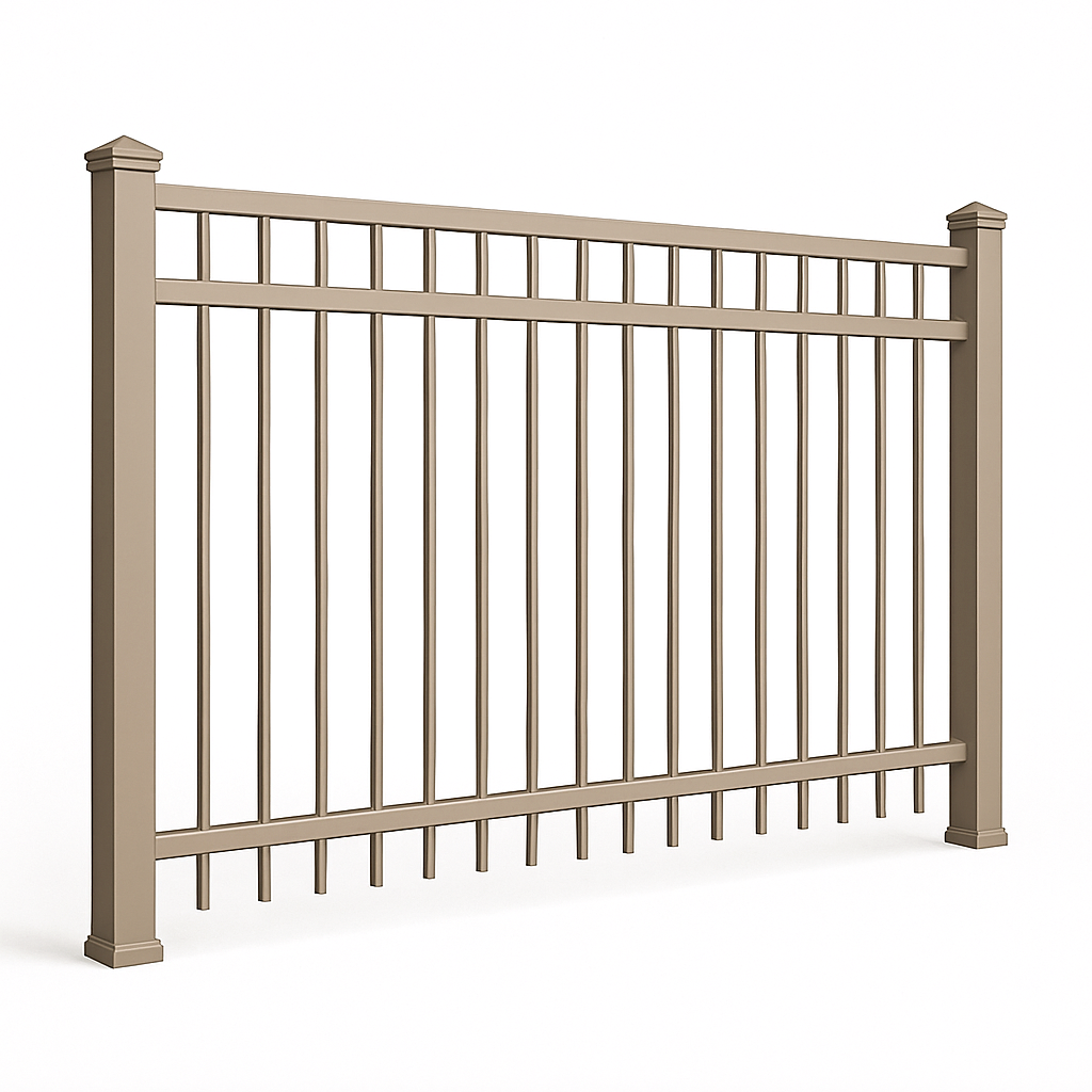 Beige metal fence section with vertical bars and decorative posts.