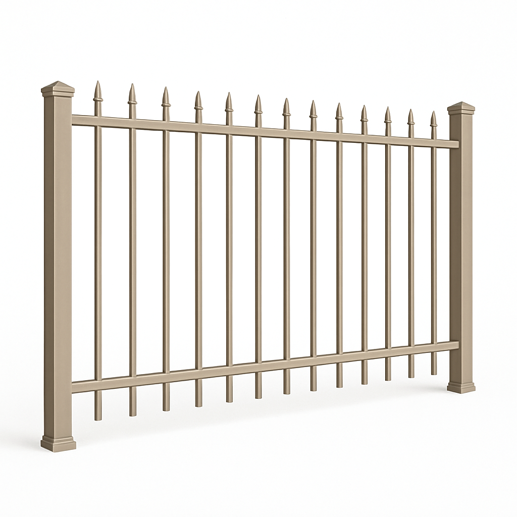 Tan metal fence with vertical bars and pointed finials.