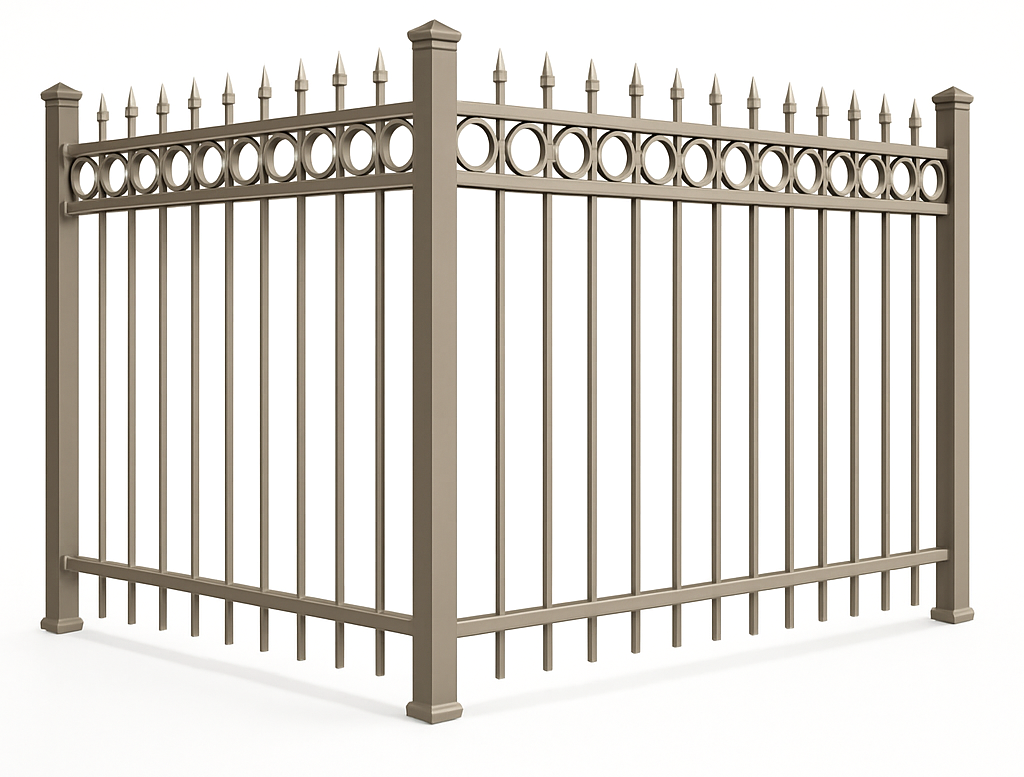 Tan metal fence with decorative top sections and pointed finials, forming a corner.