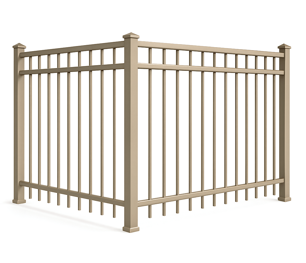 Beige metal fence section, upright bars, square corners.