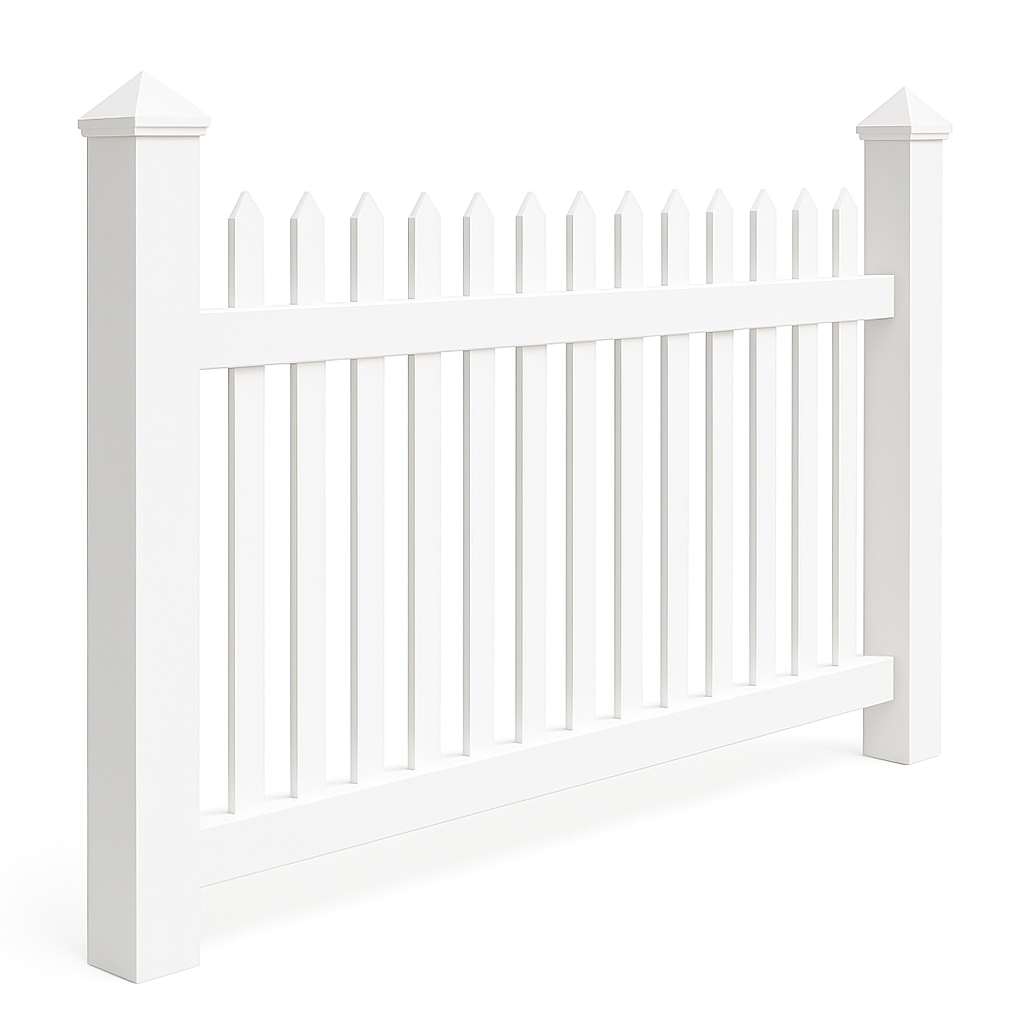White picket fence section with vertical slats and pointed tops.