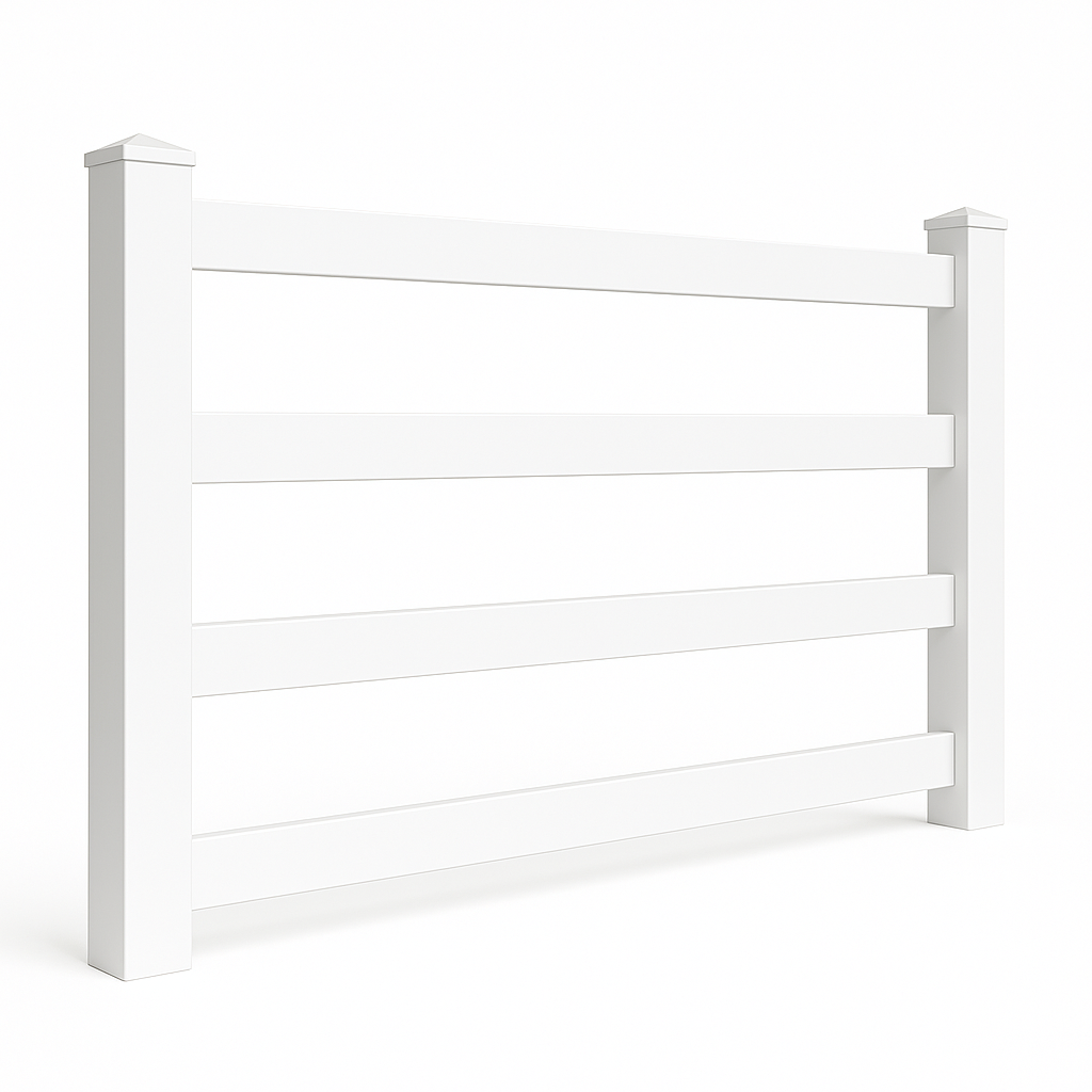 White vinyl four-rail fence with post caps against a white background.