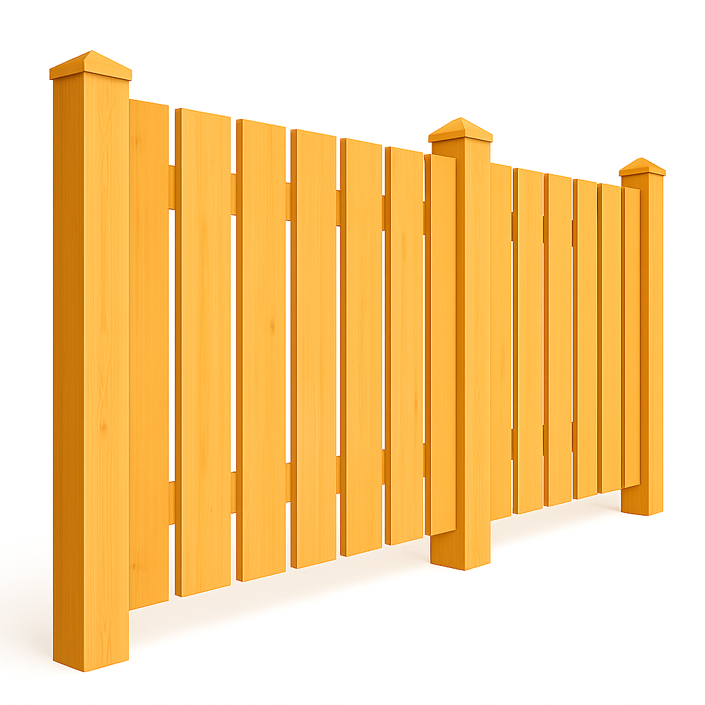 Yellow wooden fence, constructed of vertical planks and posts.