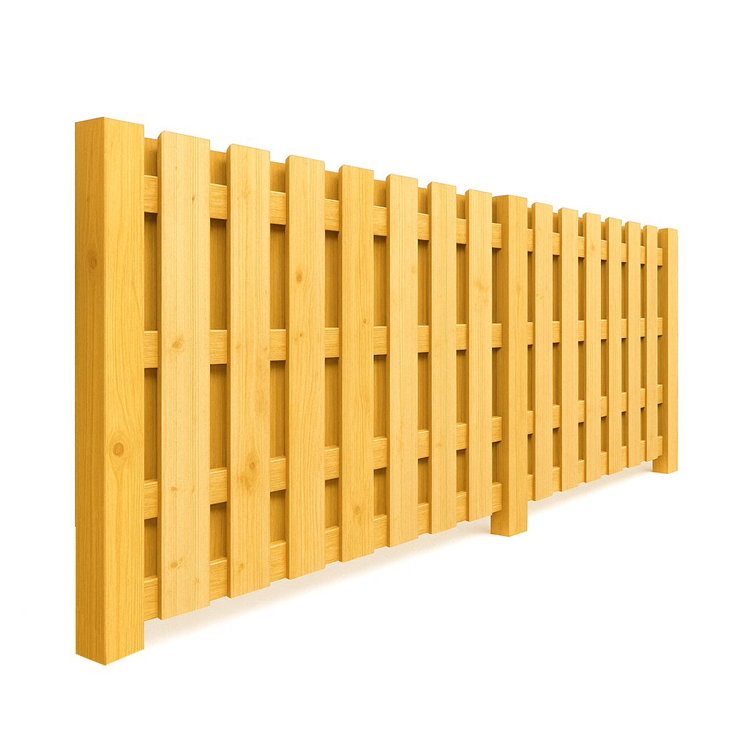 Wooden fence with vertical slats, angled view.