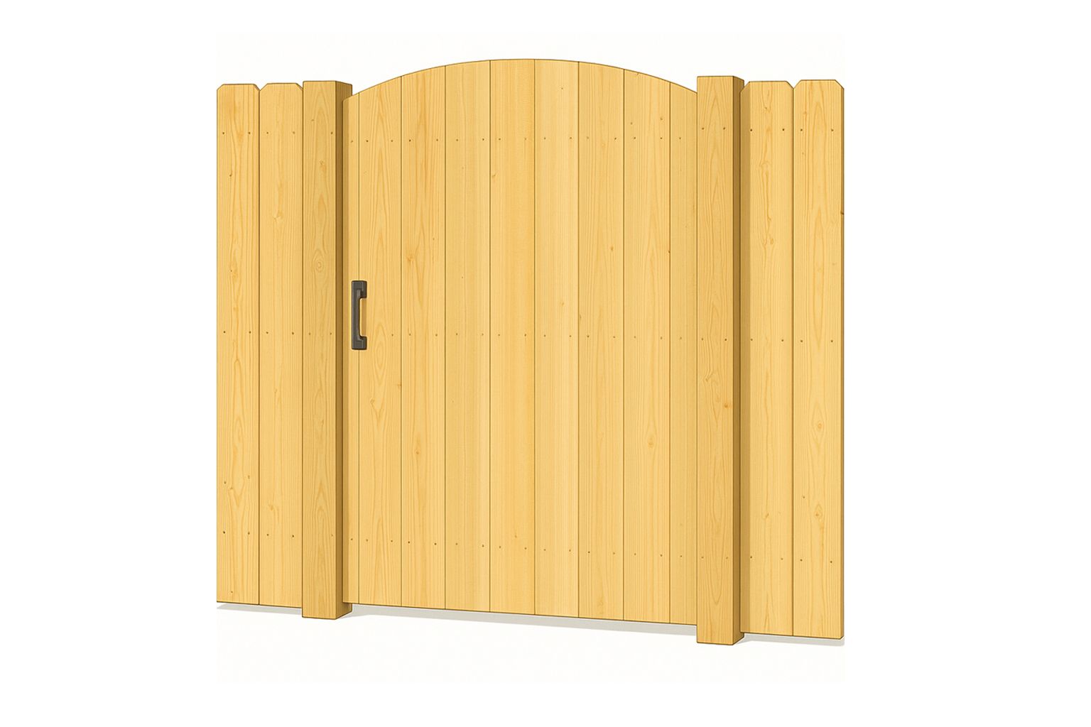 Wooden gate with arch top and vertical planks, with a metal handle.