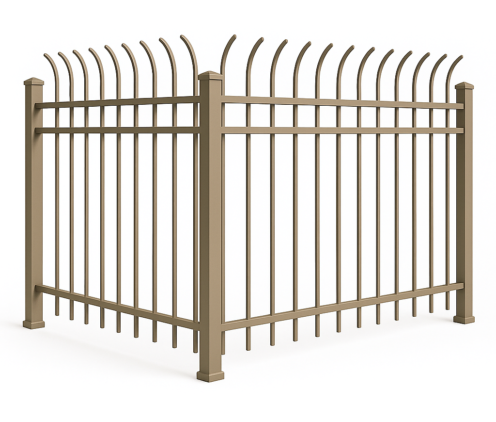 Tan metal fence with curved top spikes. Corner section.