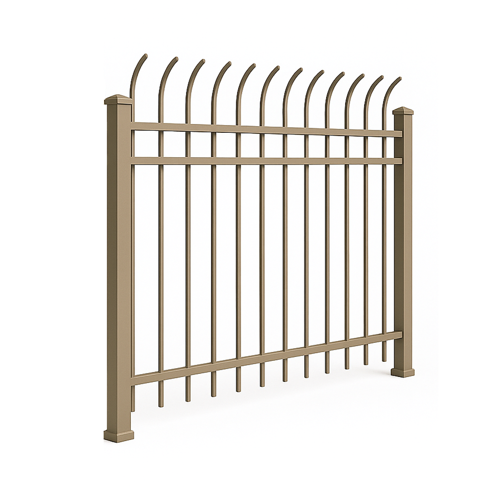 Brown metal fence with curved top pickets.