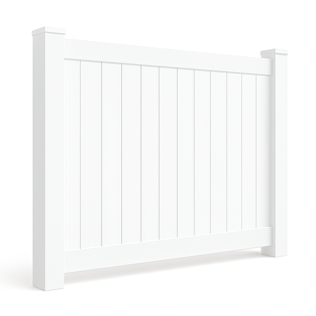 White vinyl privacy fence section.