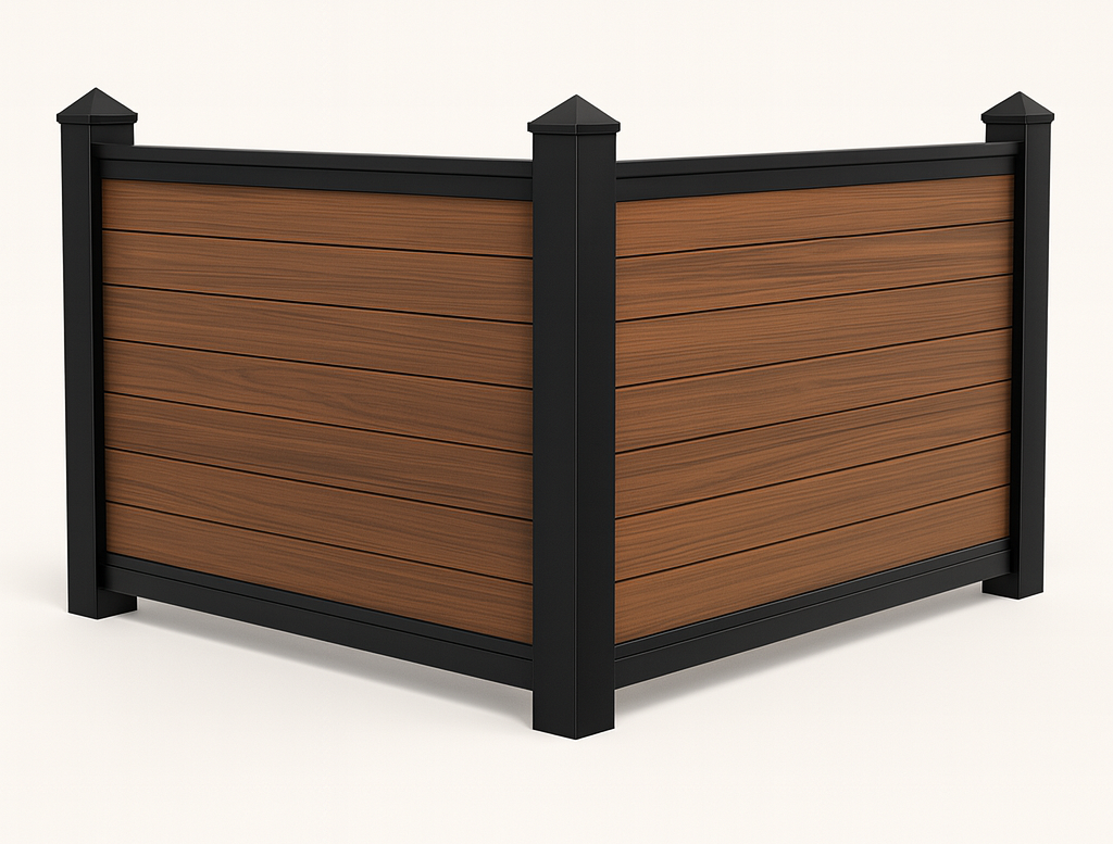 A brown and black corner fence with horizontal wood panels.