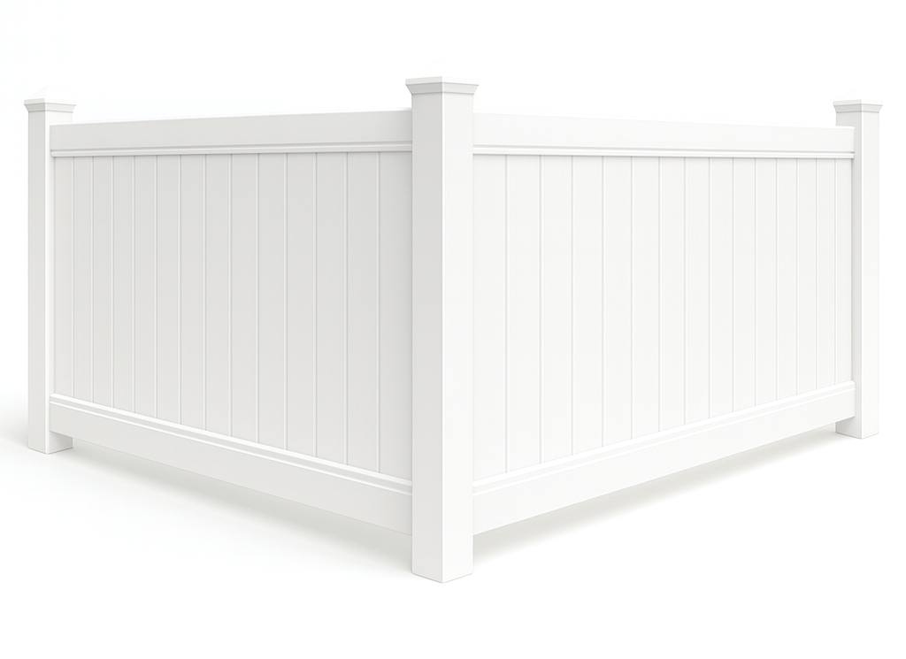 White vinyl corner fence with vertical planks and posts.