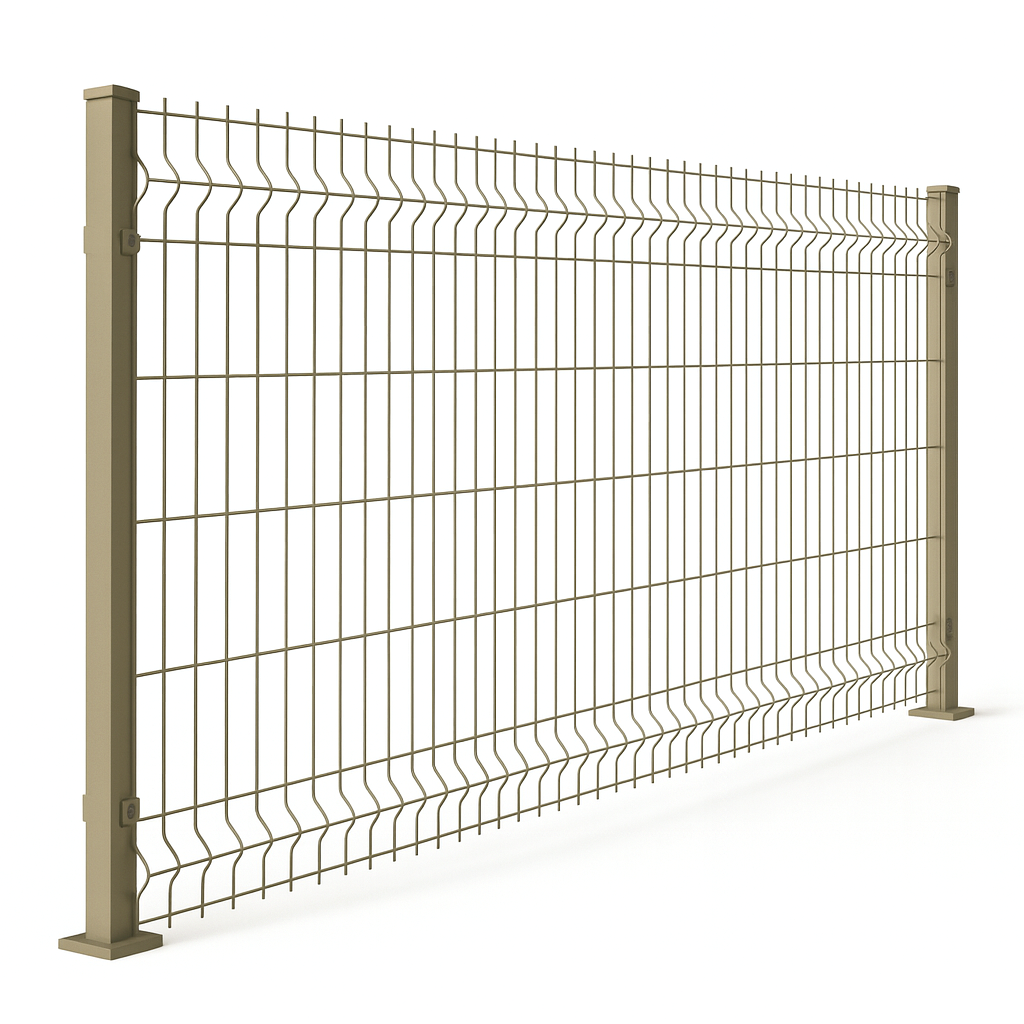 Tan metal grid fence with vertical posts against a white background.