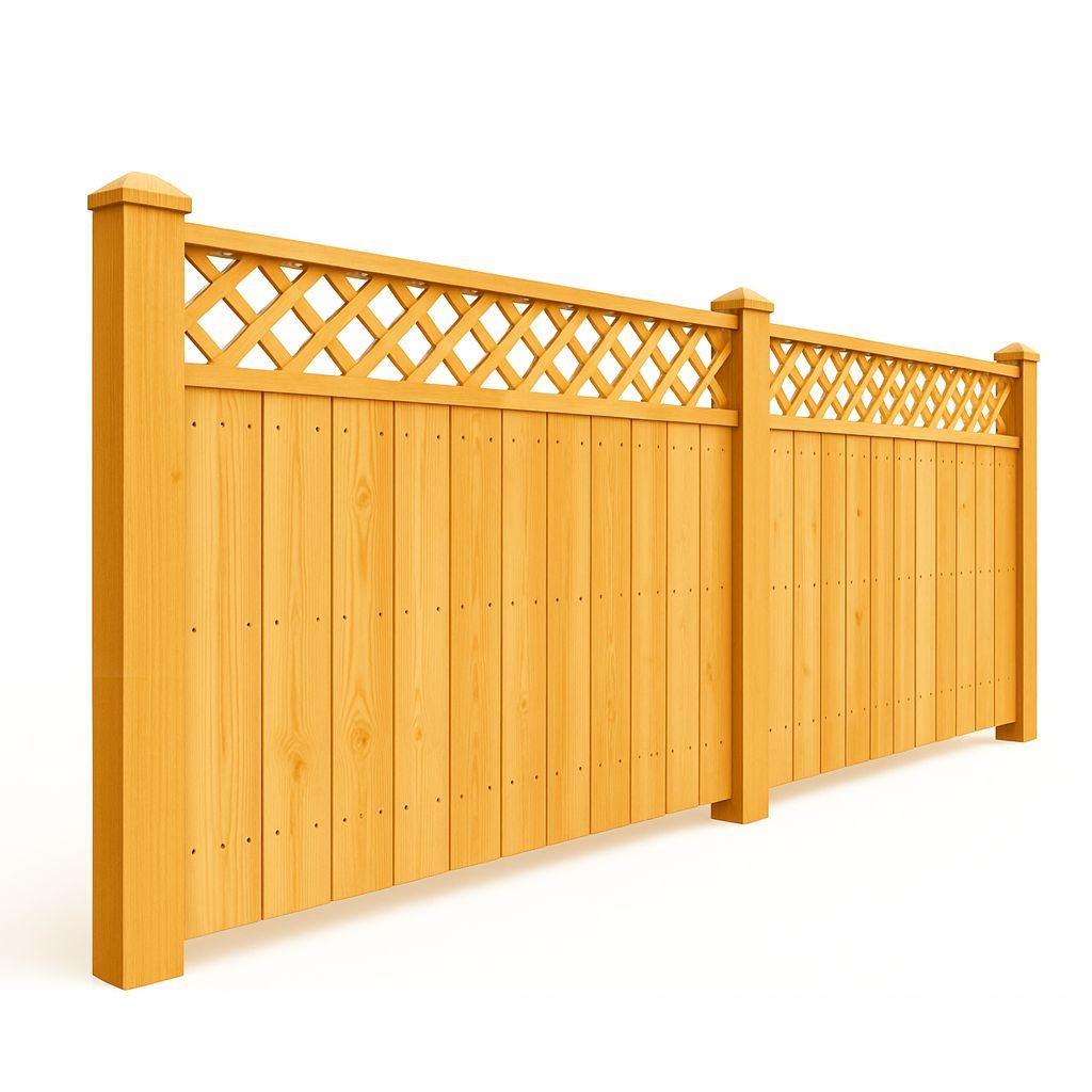 Wooden fence with lattice top and posts, light brown, against white background.