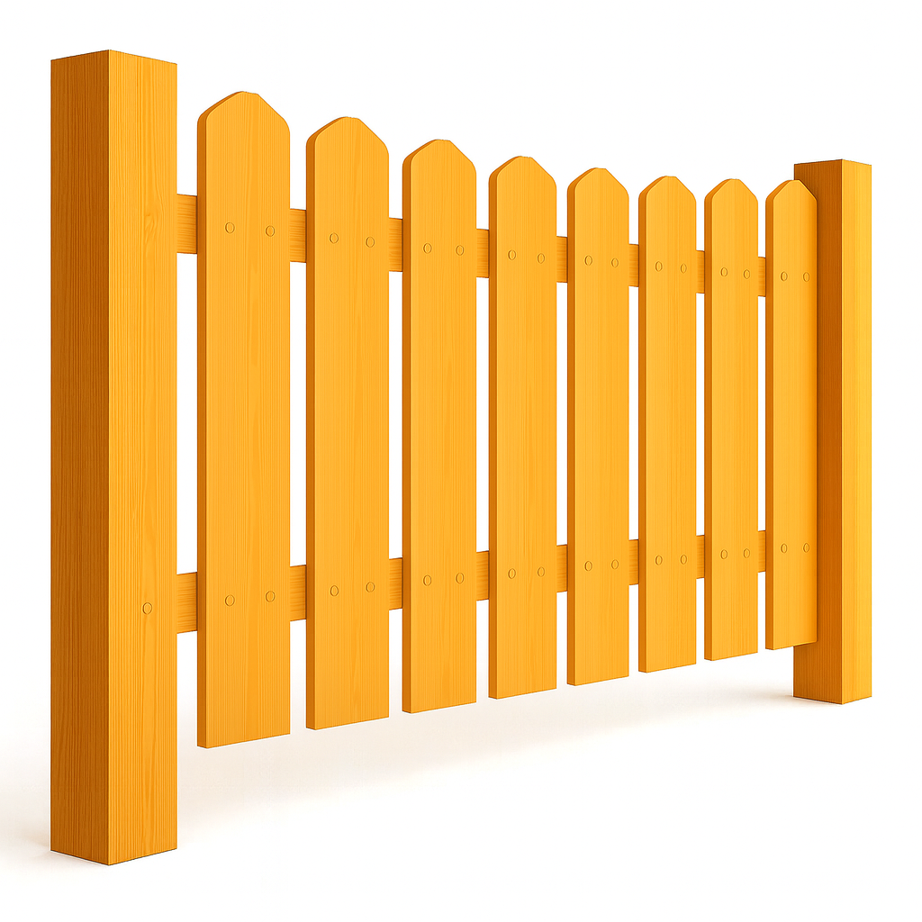 Yellow wooden picket fence.