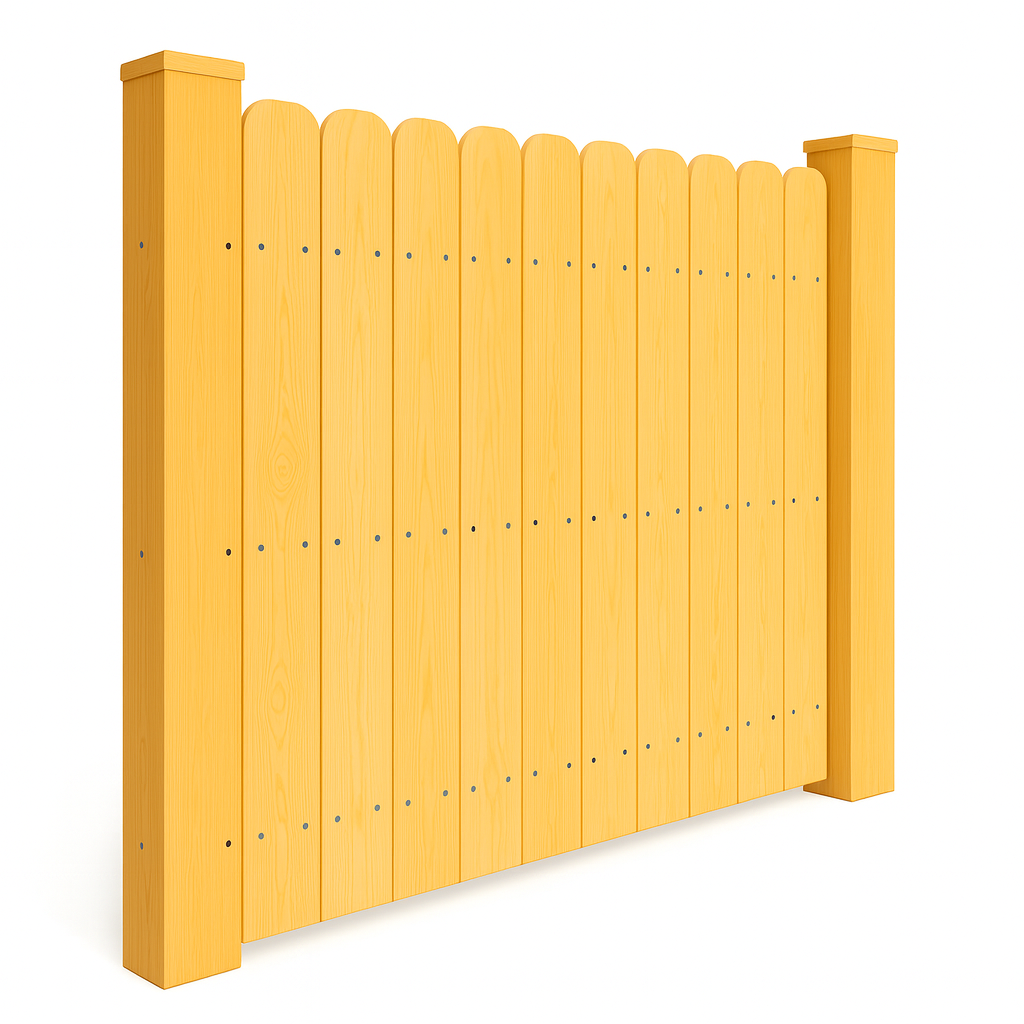 Yellow wooden picket fence with two posts.