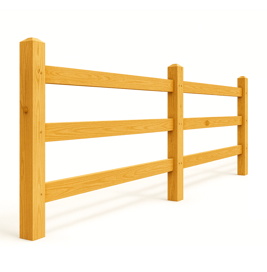 Wooden split-rail fence with three horizontal rails between vertical posts. Light brown wood.