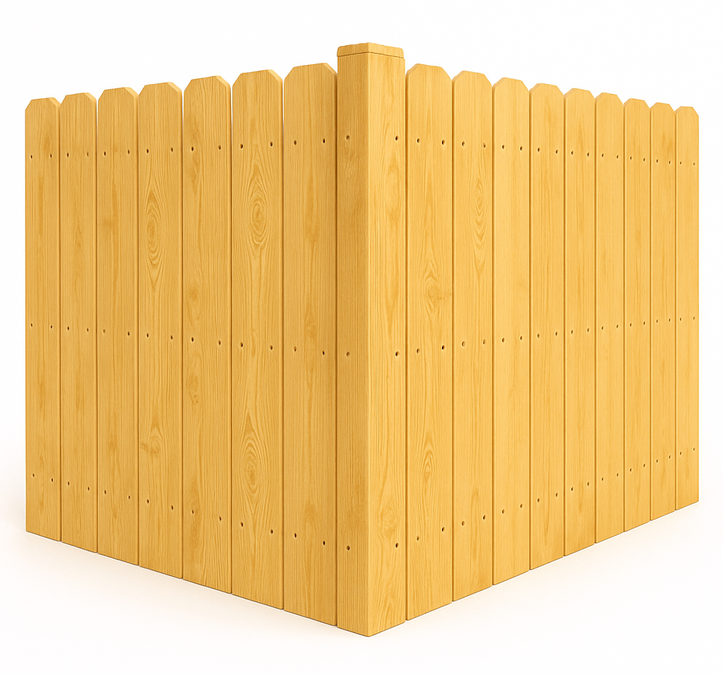 Wooden fence corner, light brown, surrounding a square space.