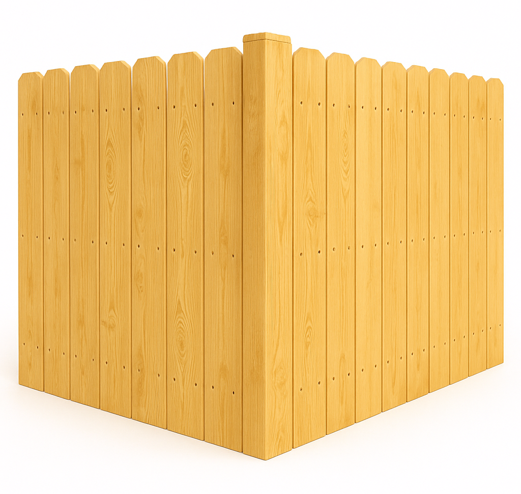 Wooden fence, with scalloped top, forming a corner on a white background.
