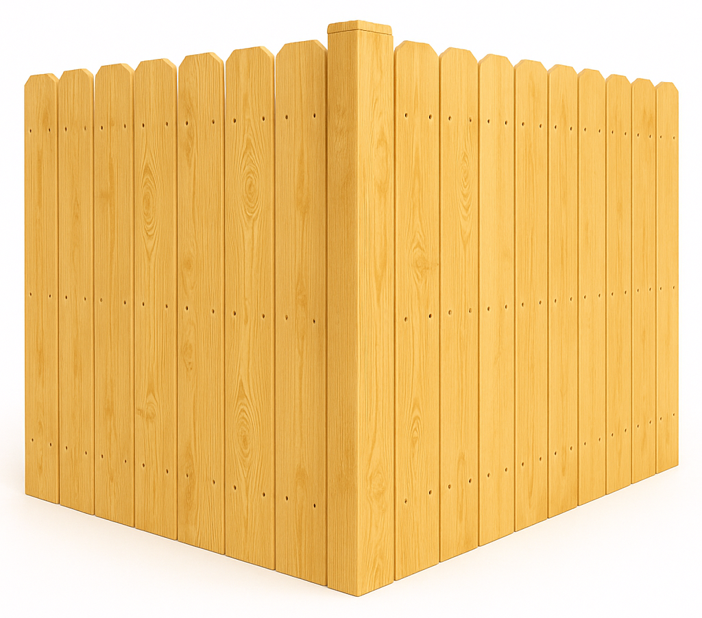 Wooden fence, with scalloped top, forming a corner on a white background.