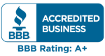 Blue and white BBB Accredited Business logo with a torch icon and A+ rating text below.