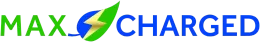 The logo "MAX CHARGED" in green and blue text, featuring a blue and green leaf icon with a yellow lightning bolt.