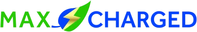 The logo "MAX CHARGED" in green and blue text, featuring a blue and green leaf icon with a yellow lightning bolt.