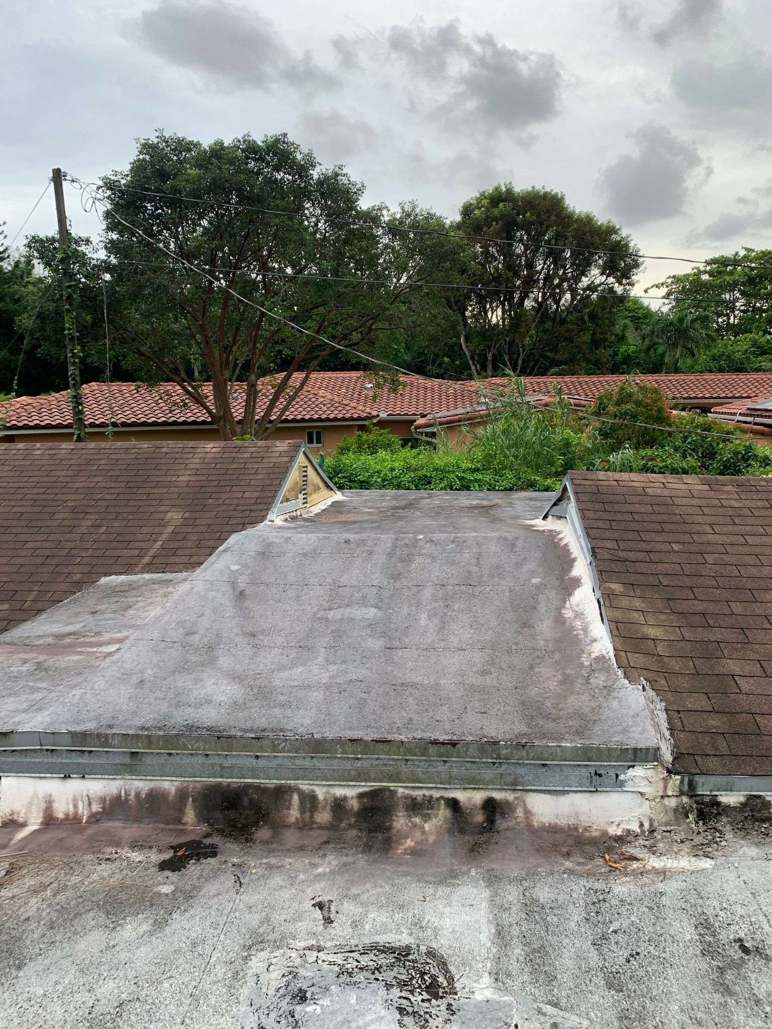 A roof with a lot of shingles on it and trees in the background.