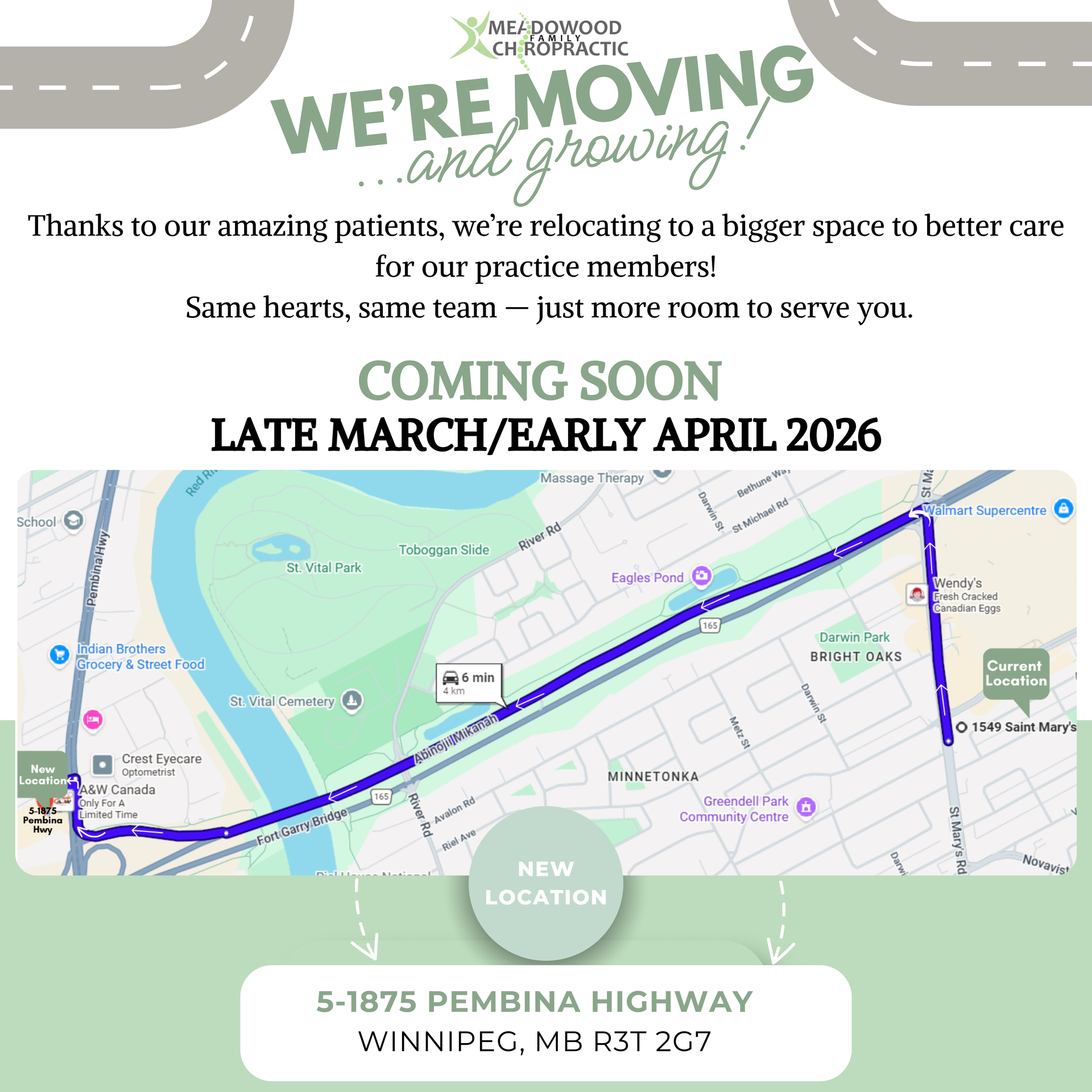 Clinic announcement: relocating to 5-1875 Pembina Hwy, Winnipeg, MB, in late March/early April 2026. Map shows new location.