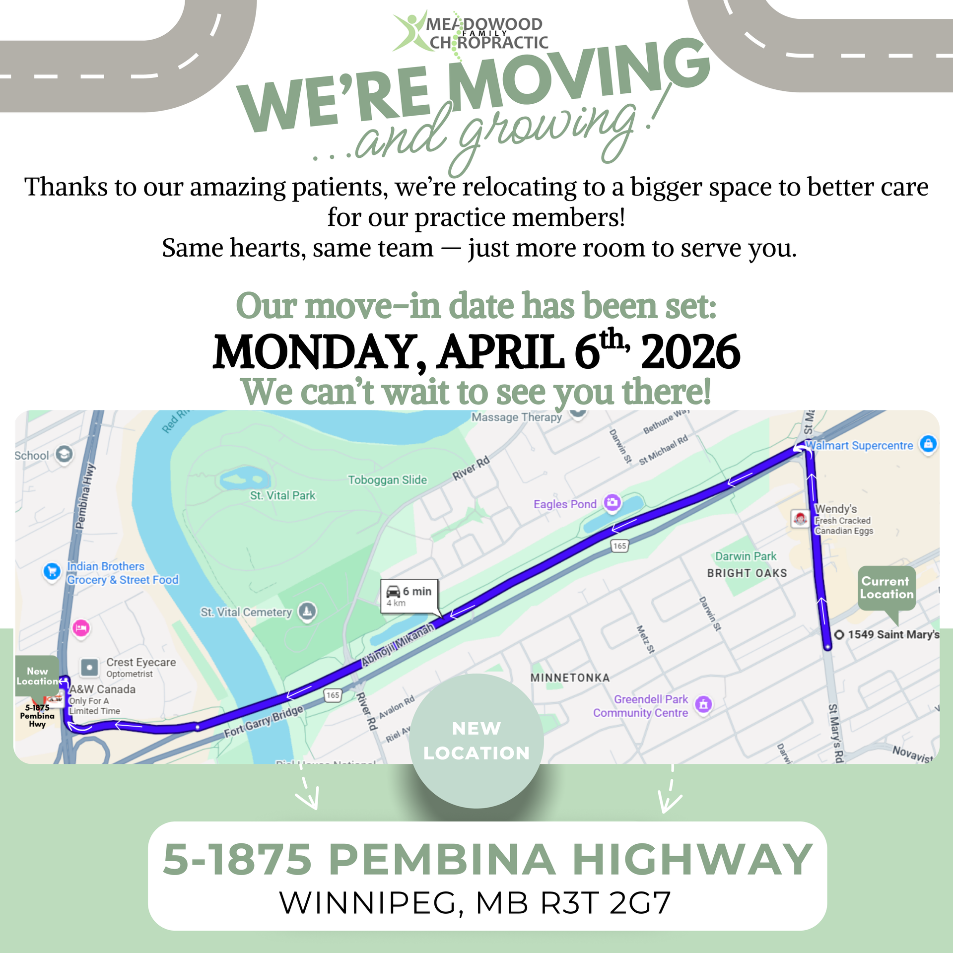 Clinic announcement: relocating to 5-1875 Pembina Hwy, Winnipeg, MB, in late March/early April 2026. Map shows new location.