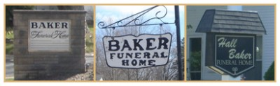 Signs for three Baker Funeral Homes. One is a stone sign, one hangs, and one has a small roof.