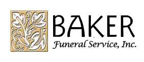 Logo for Baker Funeral Service, Inc.: gold square with floral design next to the company name.