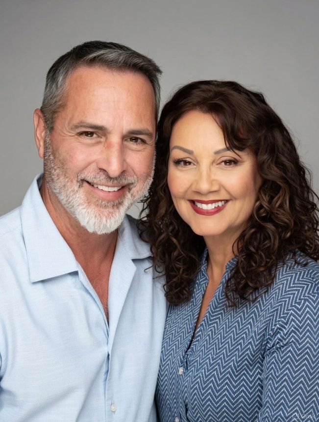 Family of five, all in white shirts and blue jeans, pose near water.