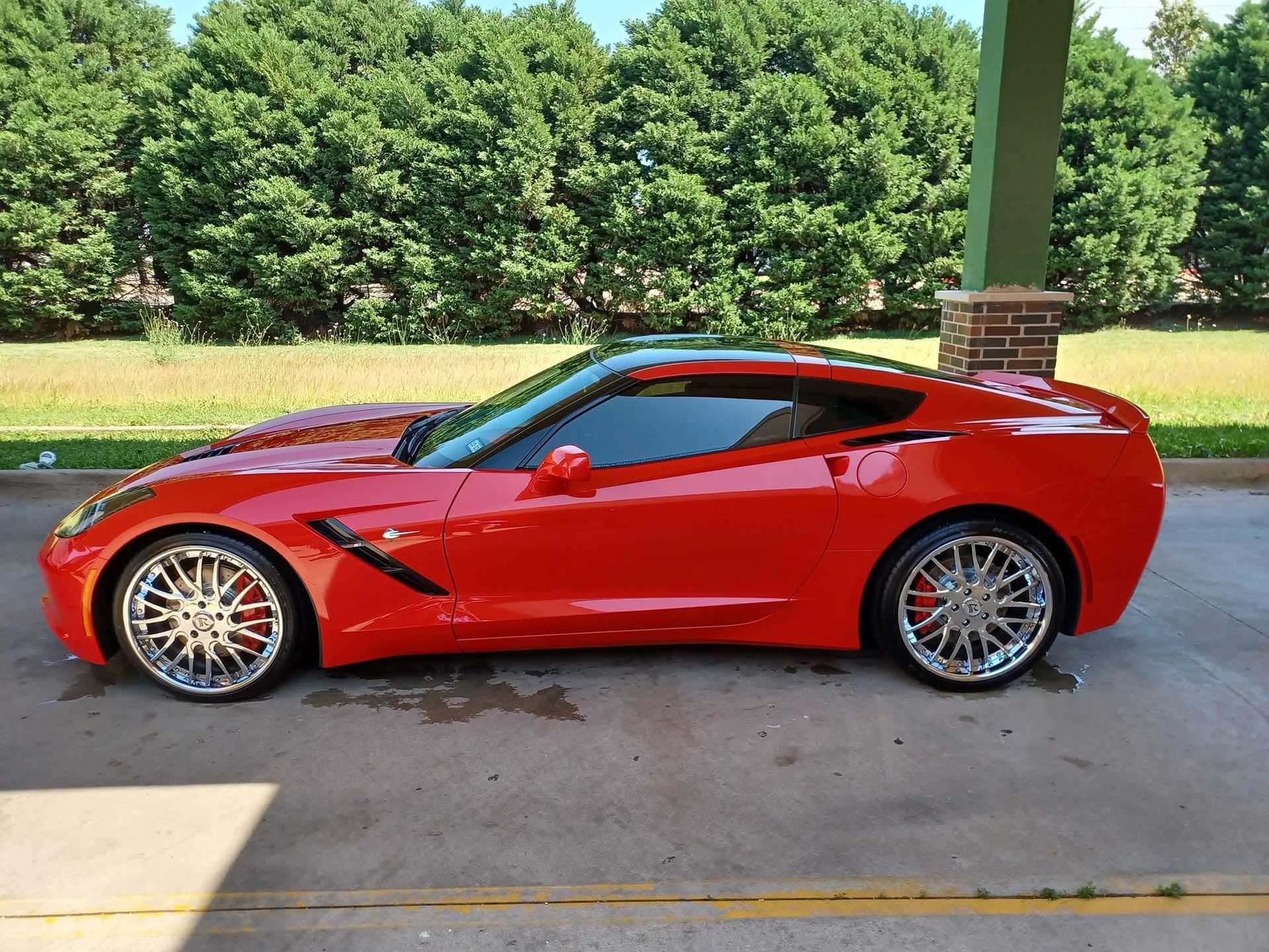 Red Chevrolet Corvette sports car with chrome wheels parked under a green roof; lush green foliage in the background.