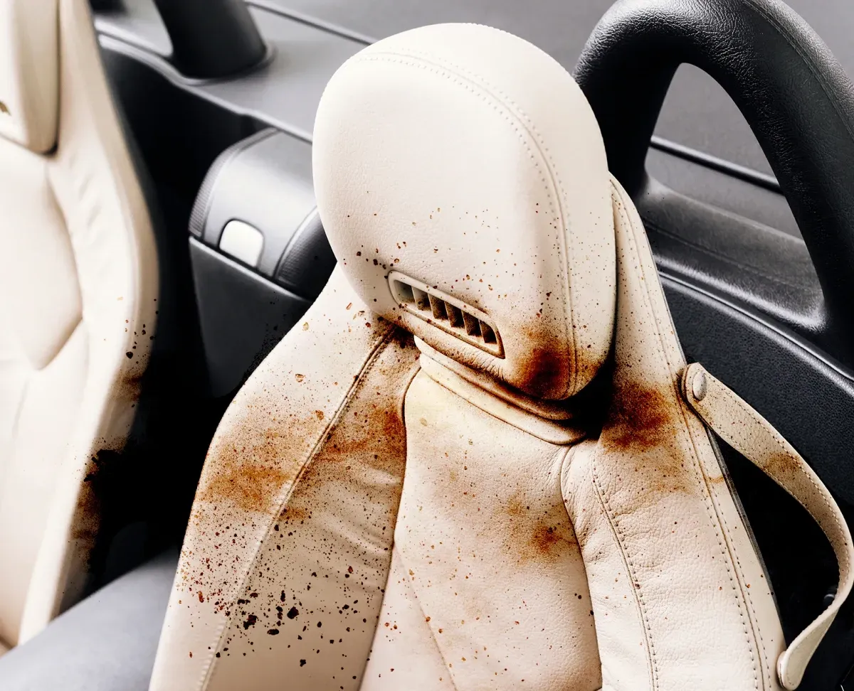 Tan car seat headrest stained with brown spots, likely from dirt or spills, set against a black interior.
