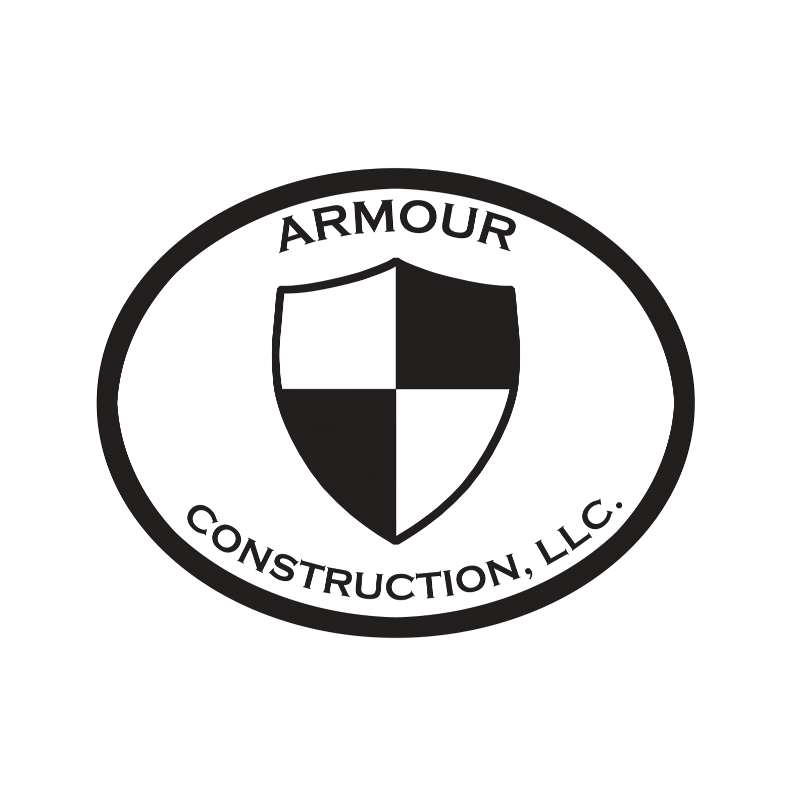 Logo for Armour Construction, LLC, with a black and white shield inside an oval; text reads "ARMOUR CONSTRUCTION, LLC".