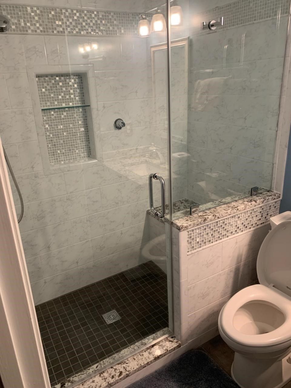 Shower with glass door, white tile, granite accents, toilet adjacent.