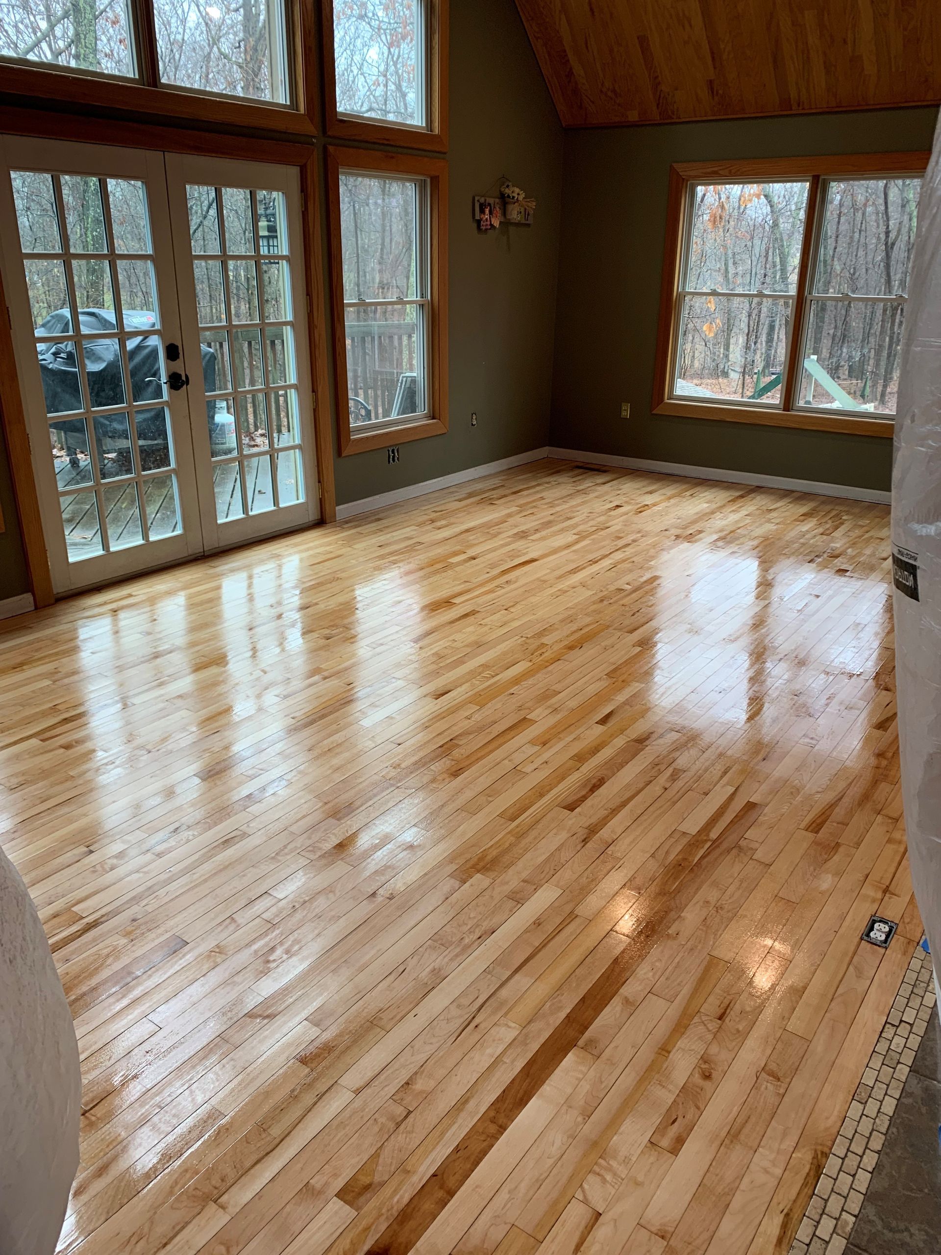 Light wooden floor in a room with large windows and glass doors, reflecting light.