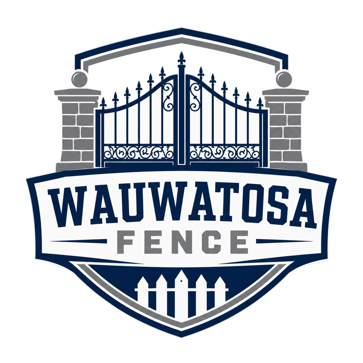 Wauwatosa Fence Logo with Shield Emblem, Ornamental Gate, Stone Pillars, Small Fence Graphic, and Company Name in Wauwatosa, WI