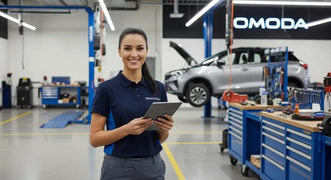 Mecânico sorrindo em uma oficina mecânica; outros mecânicos trabalhando em veículos.