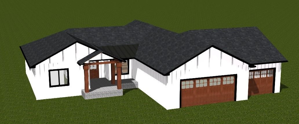 A 3d model of a white house with a black roof