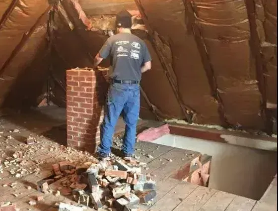 A man is working on a brick chimney in an attic.