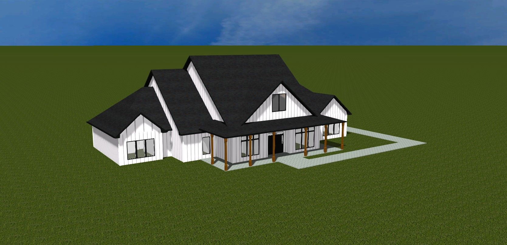 An aerial view of a black house with a black roof
