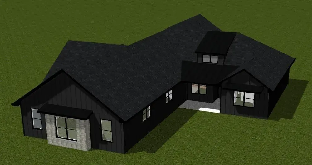 An aerial view of a black house with a black roof