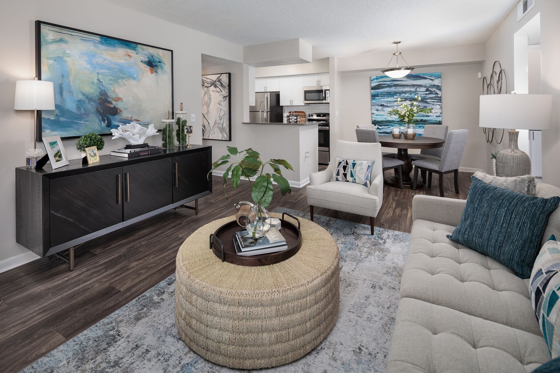 A living room with a couch and a coffee table