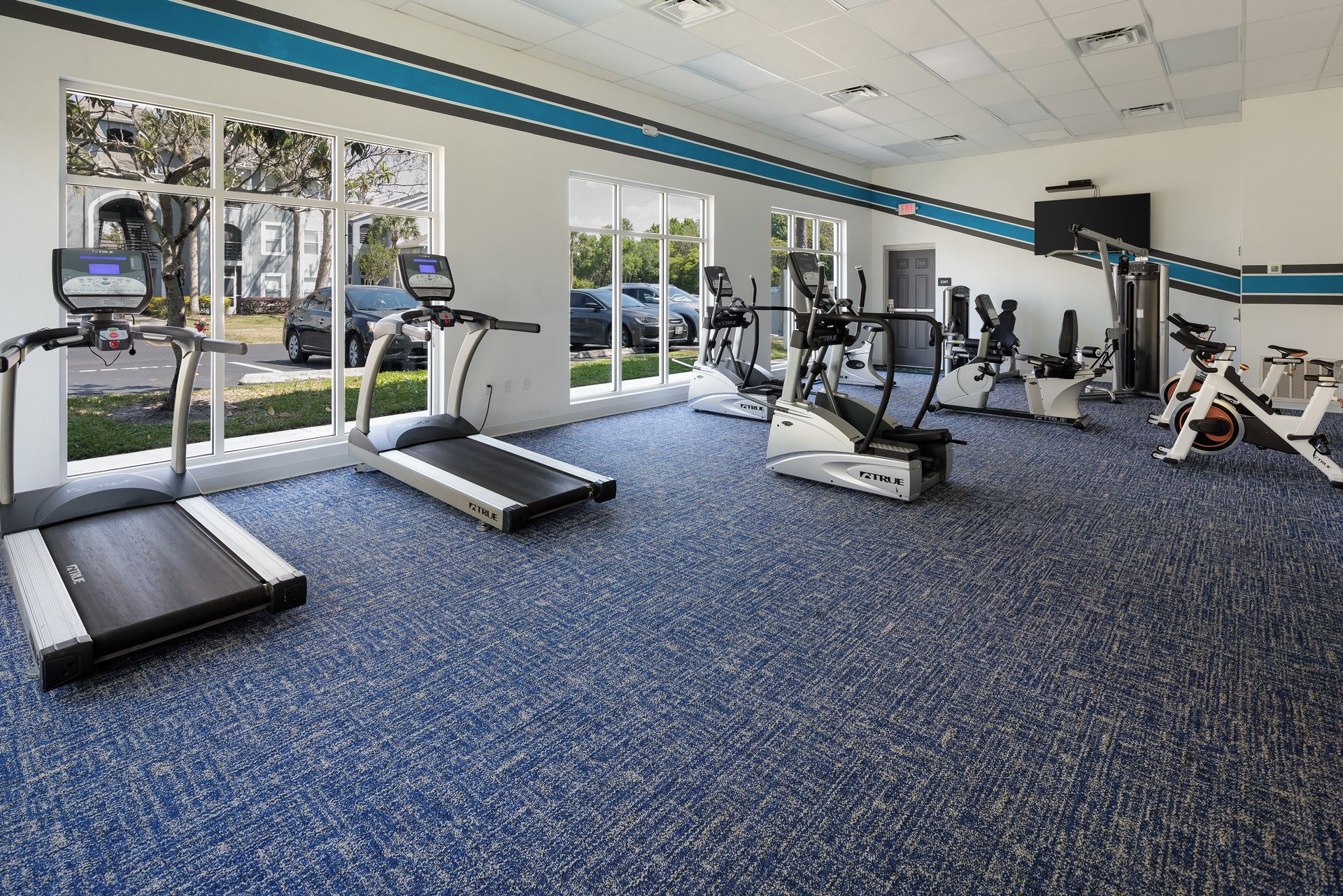 A gym with treadmills and exercise bikes