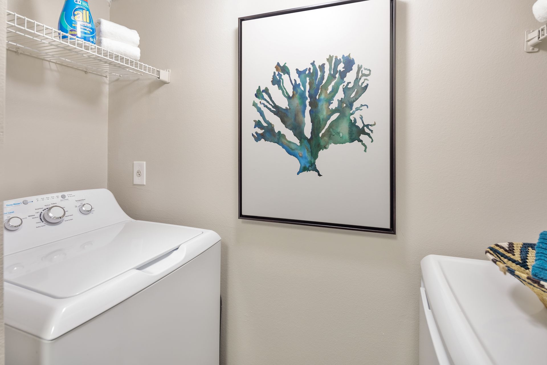 A laundry room with a washer and dryer and a picture on the wall.