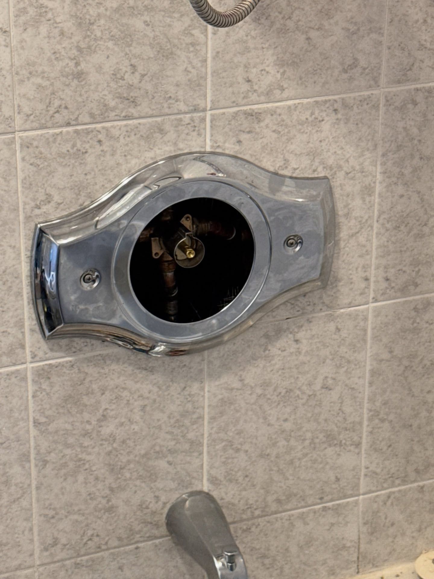 Chrome shower valve trim plate removed, revealing the inner workings.