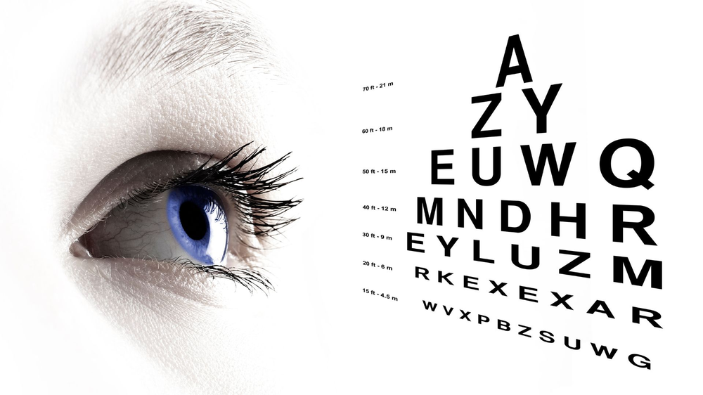 A close up of a woman 's eye next to a eye chart