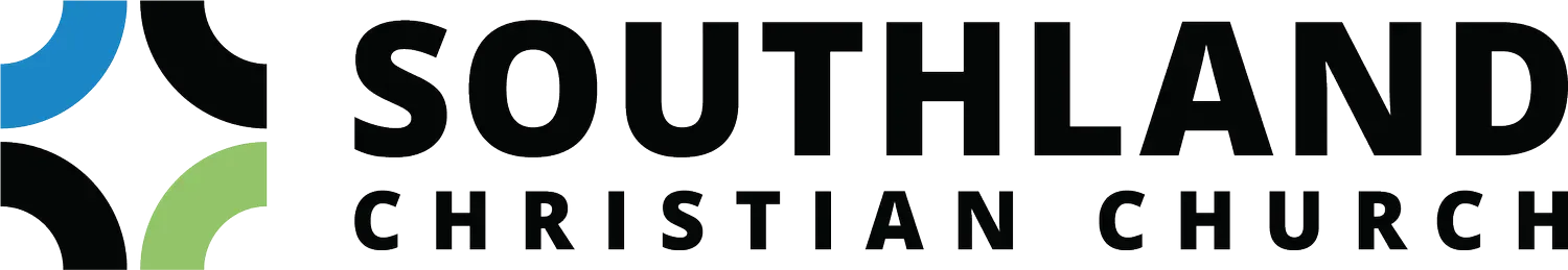 Logo for Southland Christian Church: Black text on white background; graphic with blue, green, and black shapes.