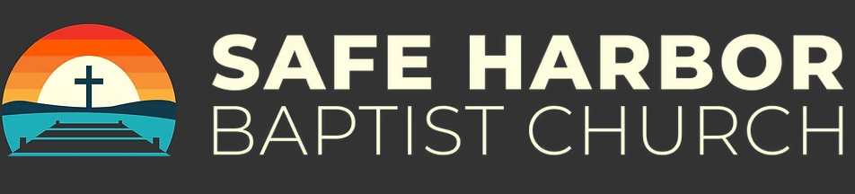 Logo for Safe Harbor Baptist Church. Features a cross on horizon with steps leading into water.