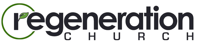 Logo for Regeneration Church: black text with a green circle and leaf on the 